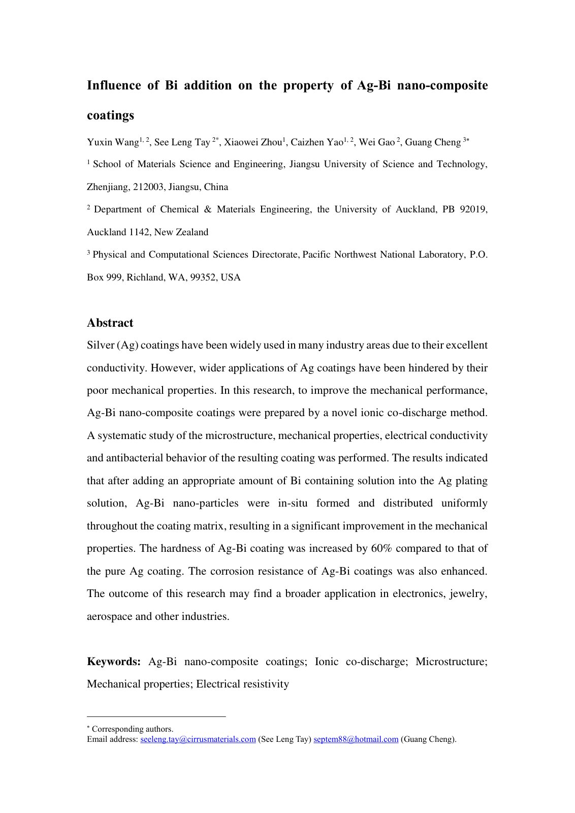 First page of Influence of Bi addition on the property of Ag-Bi nano-composite