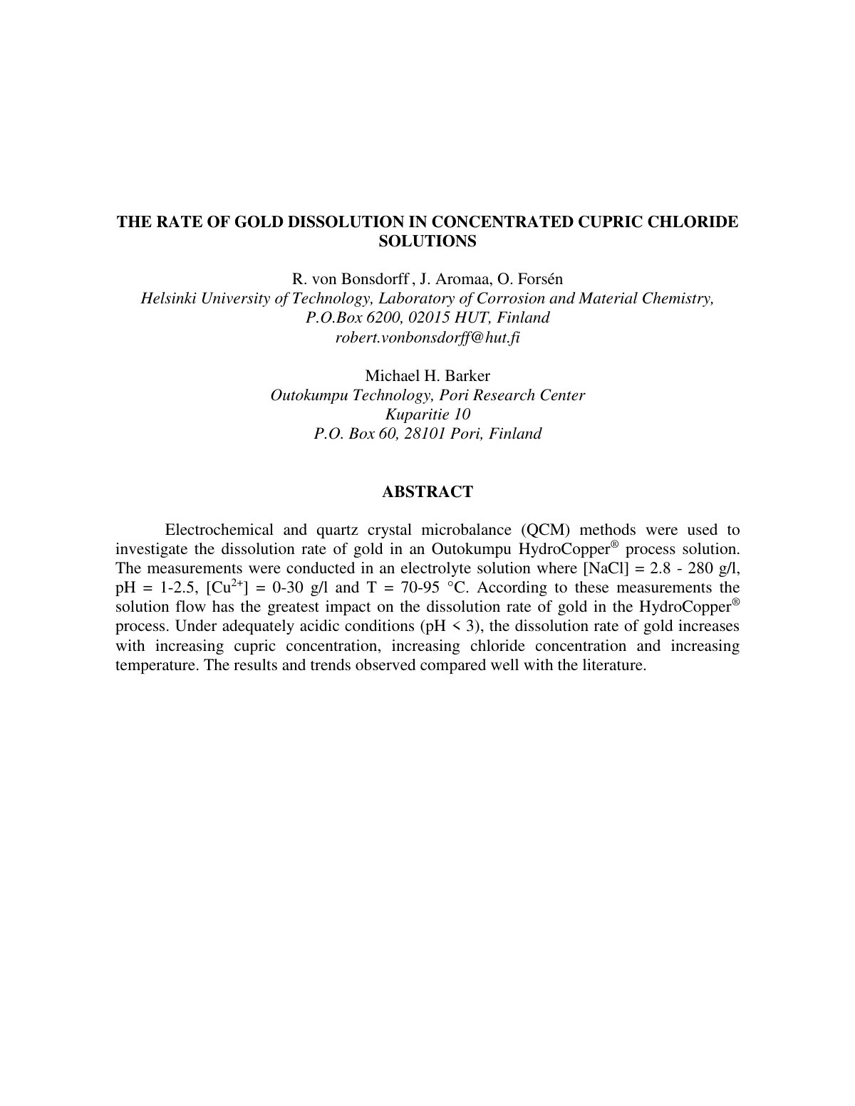First page of THE RATE OF GOLD DISSOLUTION IN CONCENTRATED CUPRIC CHLORIDE SOLUTIONS