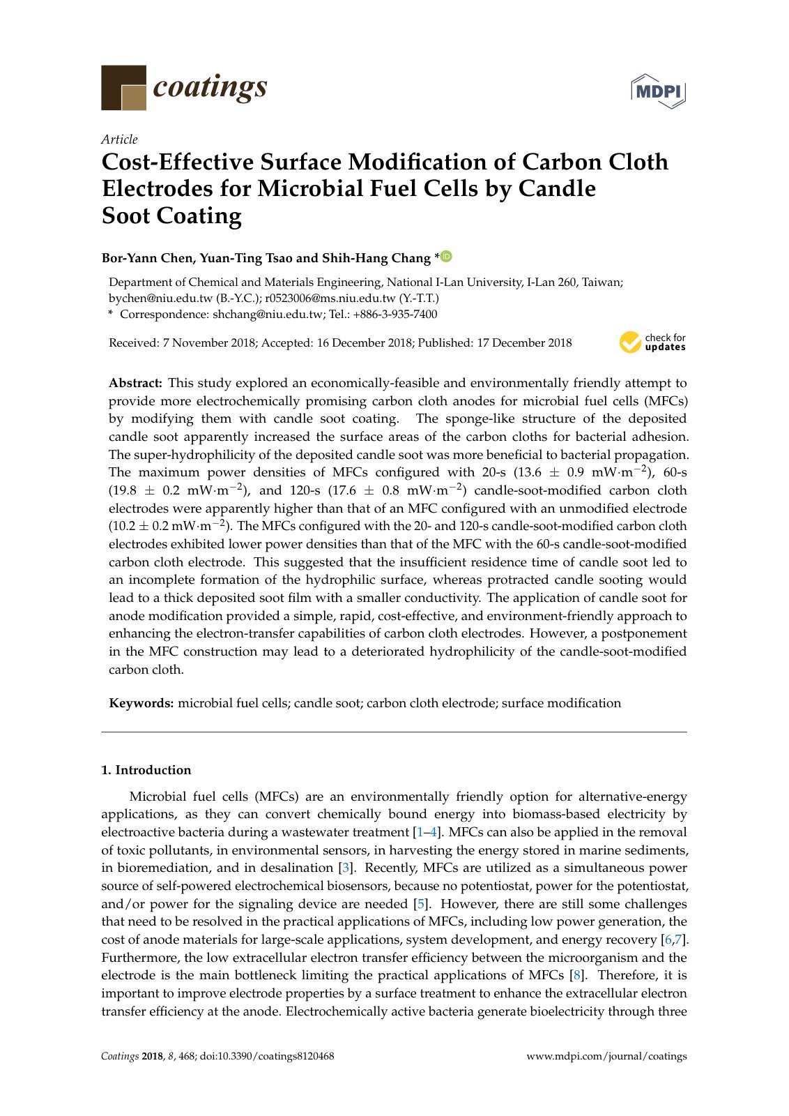 First page of Cost-Effective Surface Modiﬁcation of Carbon Cloth Electrodes for Microbial Fuel Cells by Candle Soot Coating