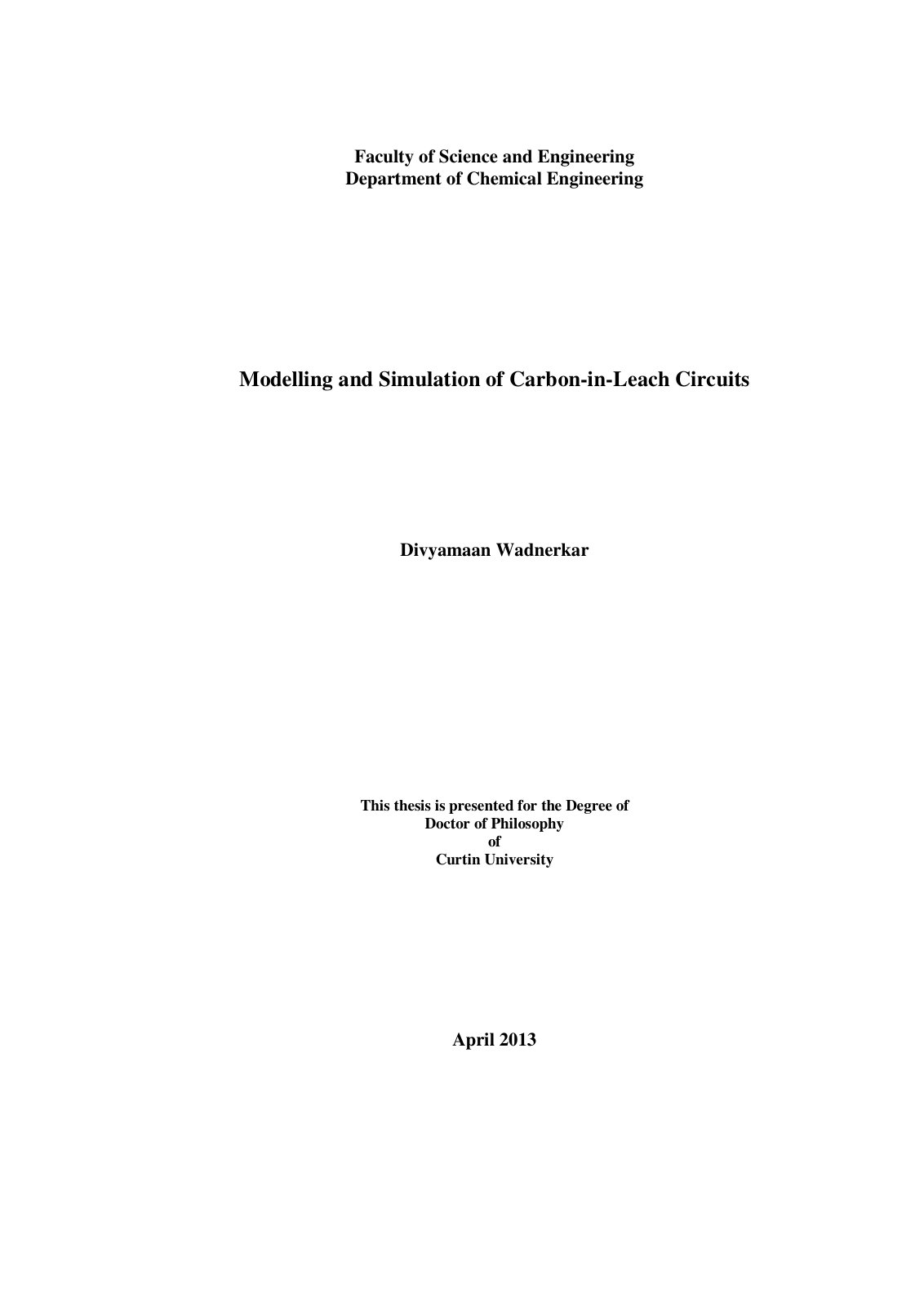 First page of Modelling and Simulation of Carbon-in-Leach Circuits