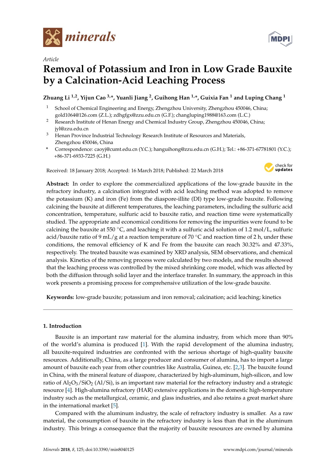 First page of Removal of Potassium and Iron in Low Grade Bauxite by a Calcination-Acid Leaching Process