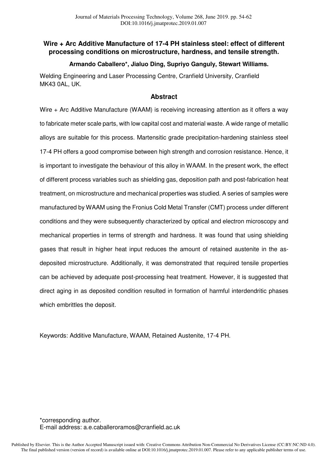 First page of Wire + Arc Additive Manufacture of 17-4 PH stainless steel: effect of different processing conditions on microstructure, hardness, and tensile strength.