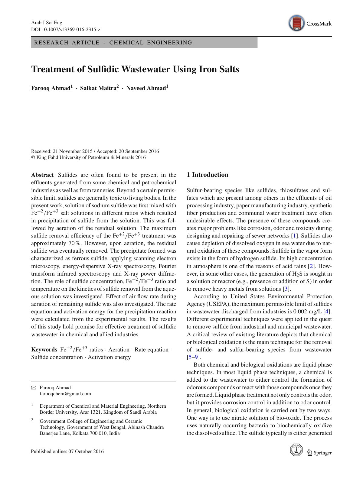First page of Treatment of Sulﬁdic W astewater Using Iron Salts