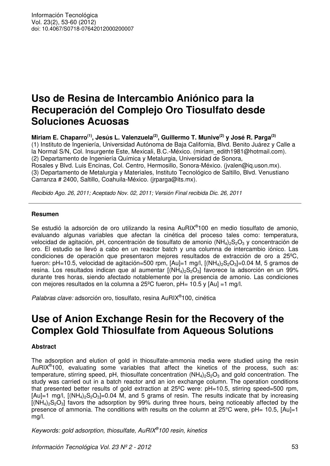 First page of Uso de Resina de Intercambio Aniónico para la Recuperación del Complejo Oro Tiosulfato desde Soluciones Acuosas