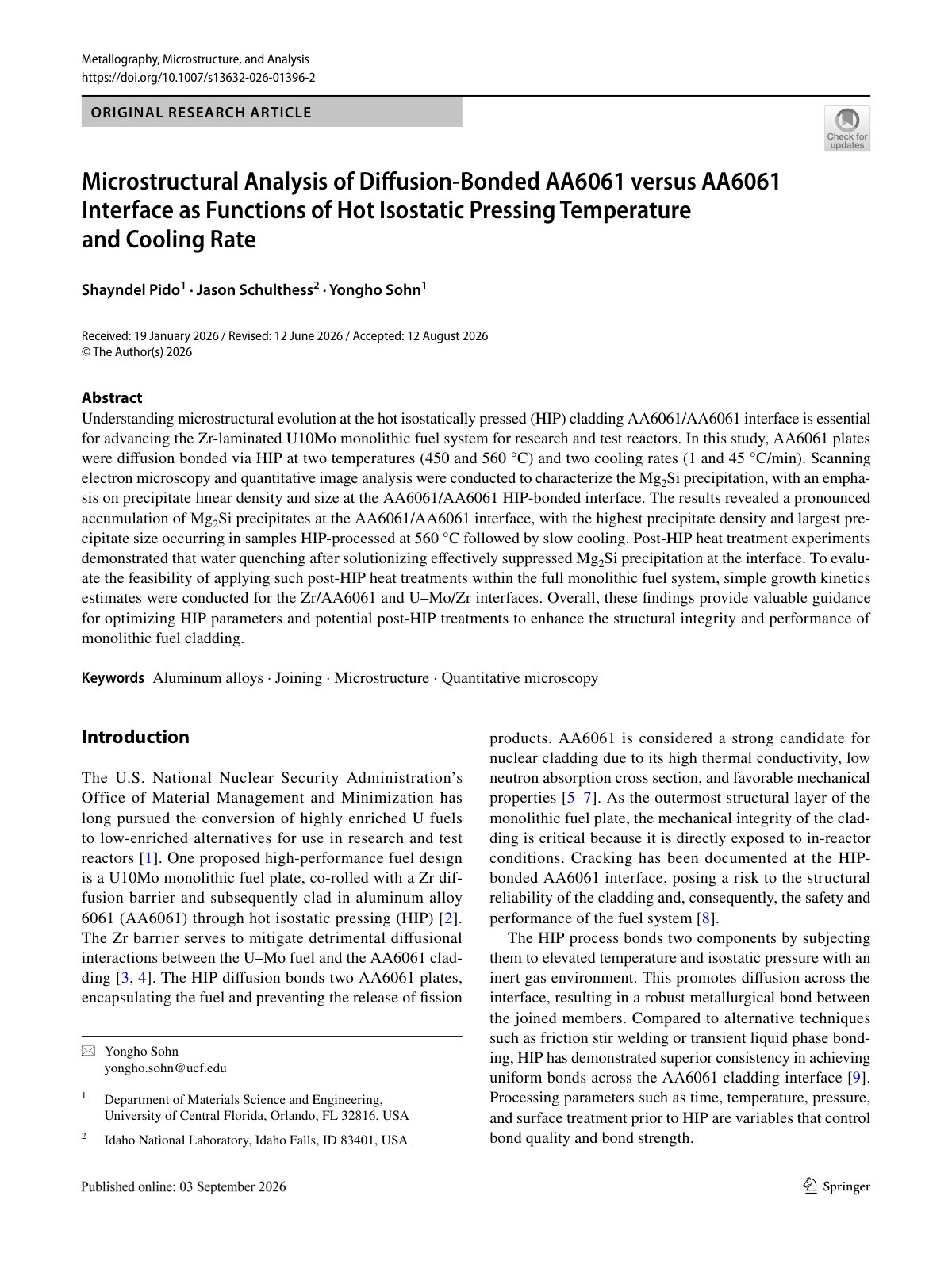 First page of 2026 Pido AA6061 Diffusion Bonded Interface