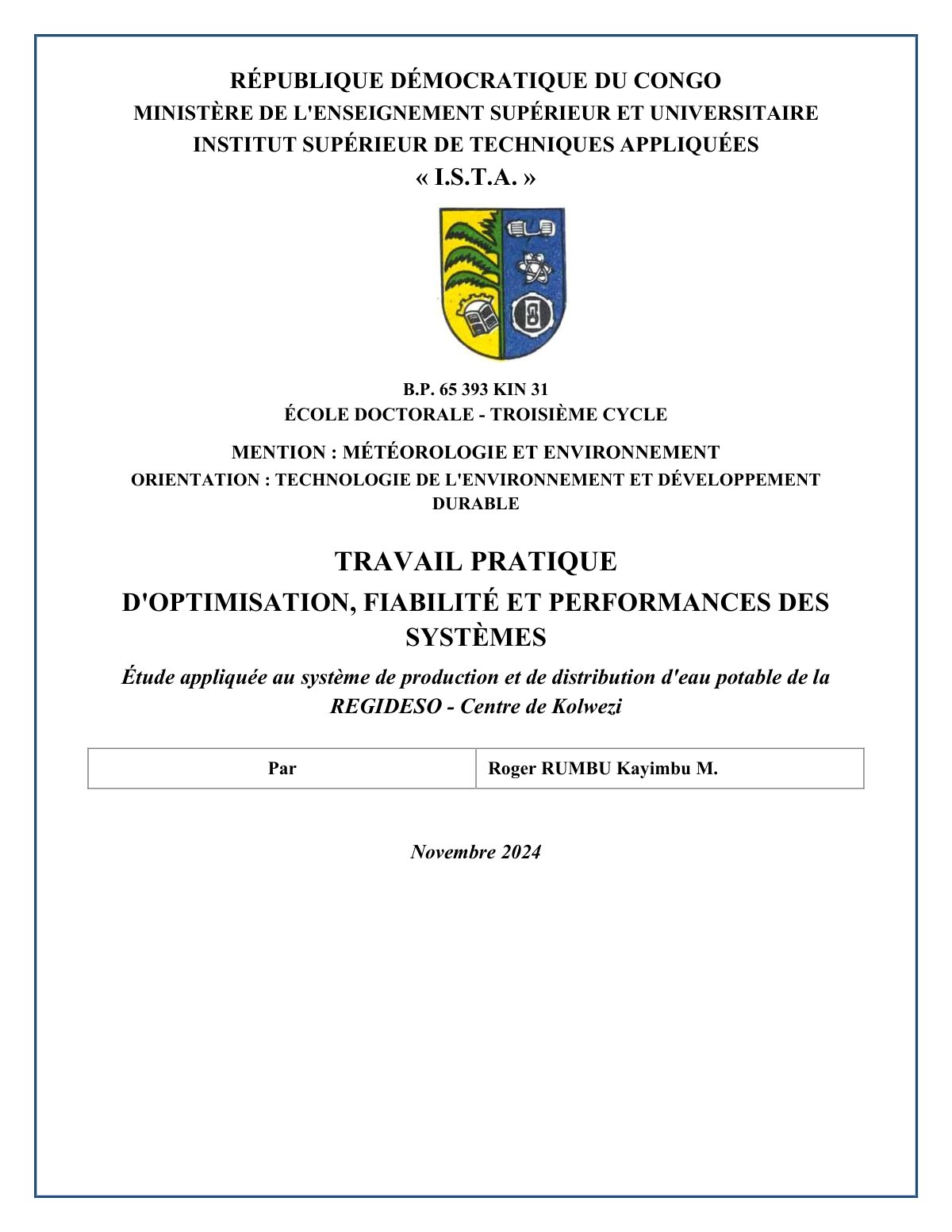 First page of Optimisation, fiabilité et performances des systèmes — REGIDESO Centre de Kolwezi