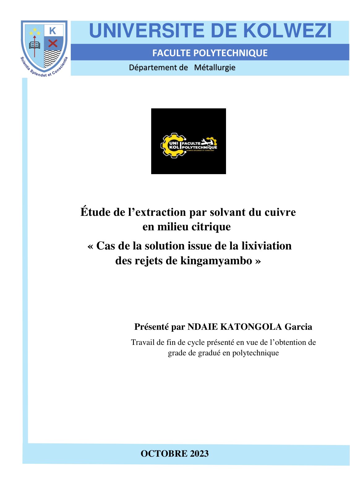 First page of Étude de l’extraction par solvant du cuivre en milieu citrique « Cas de la solution issue de la lixiviation des rejets de kingamyambo »
