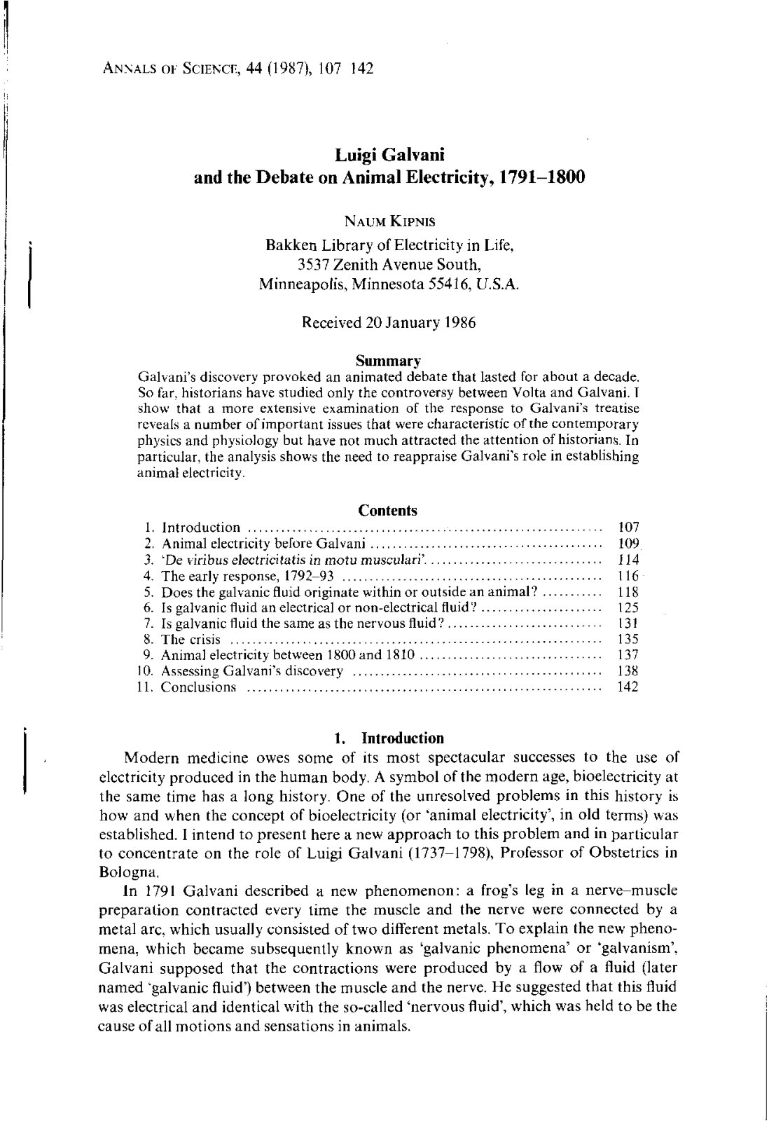 First page of Luigi Galvani and the Debate on Animal Electricity, 1791-1800