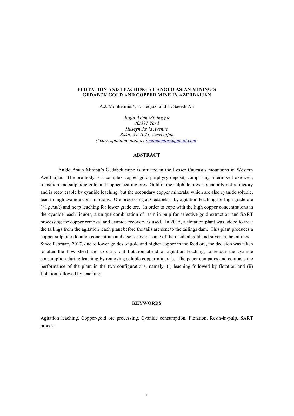 First page of Flotation and Leaching at Anglo Asian Mi