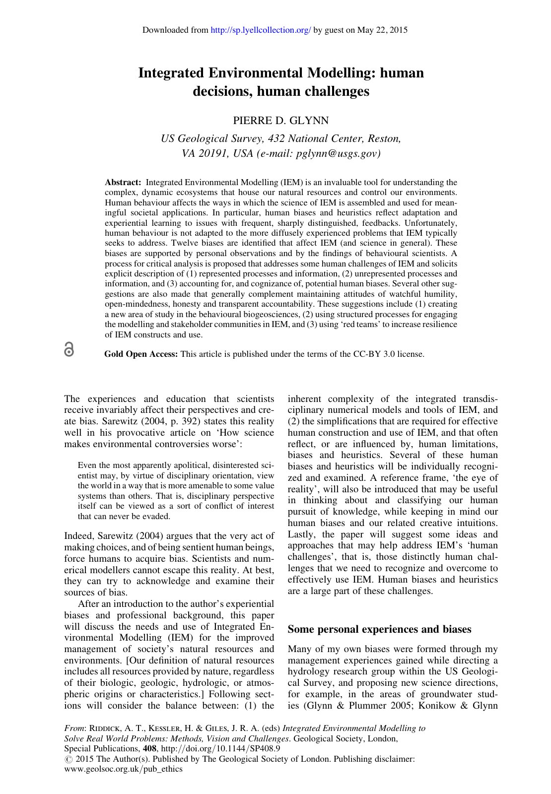 First page of Integrated Environmental Modelling: human decisions, human challenges