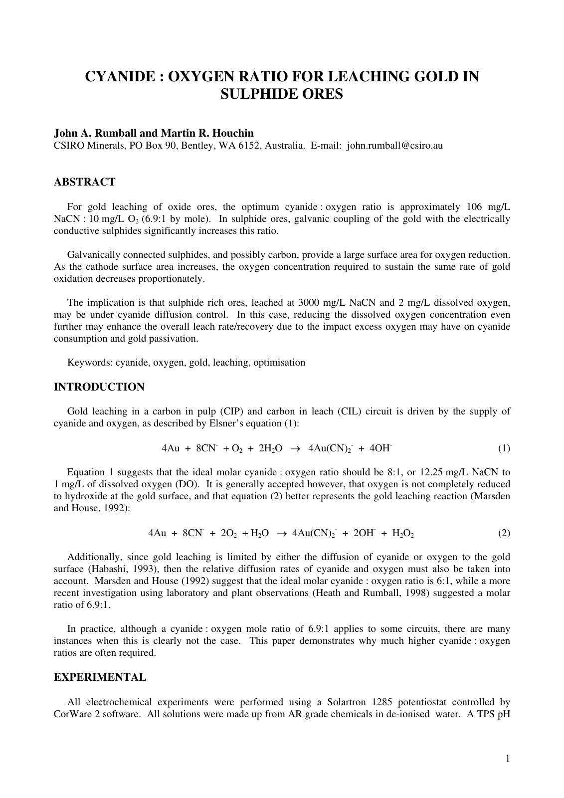 First page of Cyanide : Oxygen Ratio for Leaching Gold in Sulphide Ores