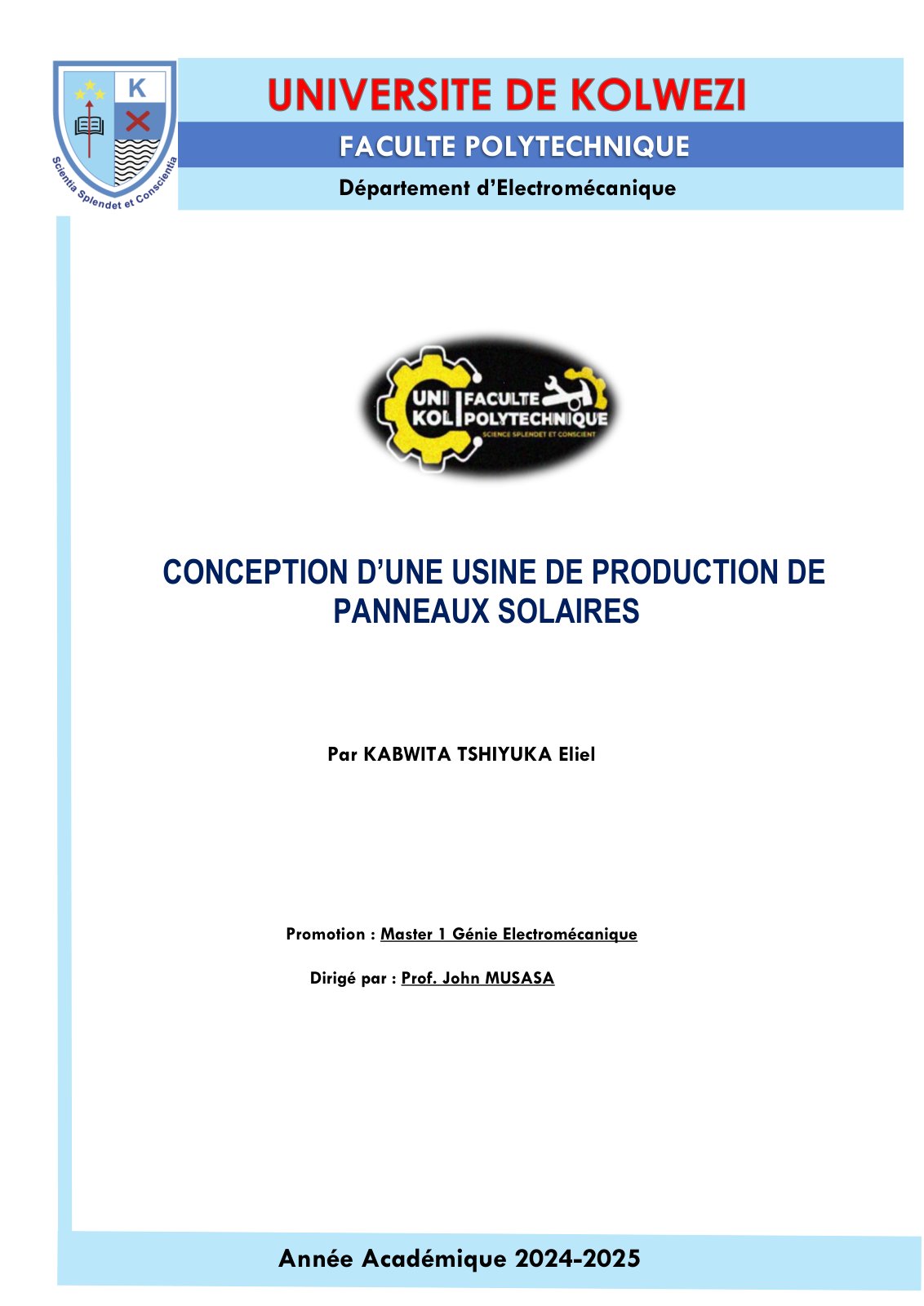 First page of CONCEPTION D’UNE USINE DE PRODUCTION DE  PANNEAUX SOLAIRES