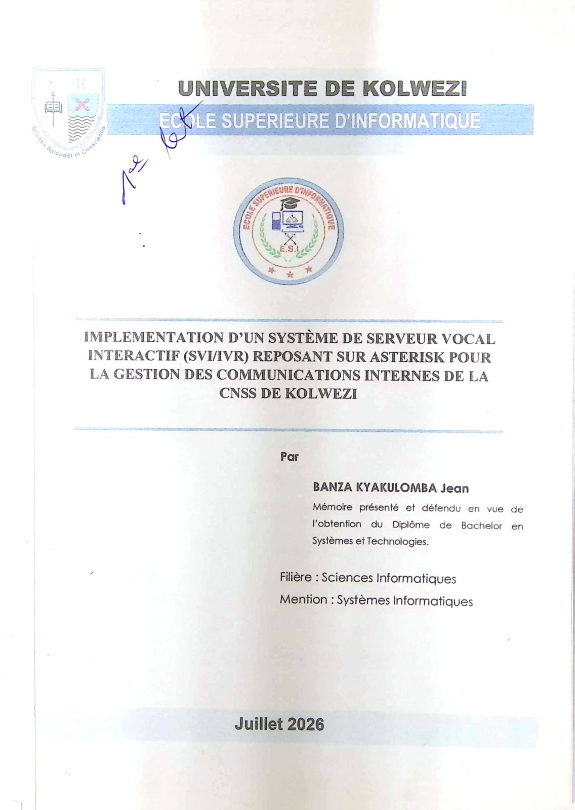 First page of IMPLEMENTATION D'UN SYSTEME DE SERVEUR VOCAL INTERACTIF (SVI/IVR) REPOSANT SUR ASTERISK POUR LA GESTION DES COMMUNICATIONS INTERNES DE LA CNSS DE KOLWEZI