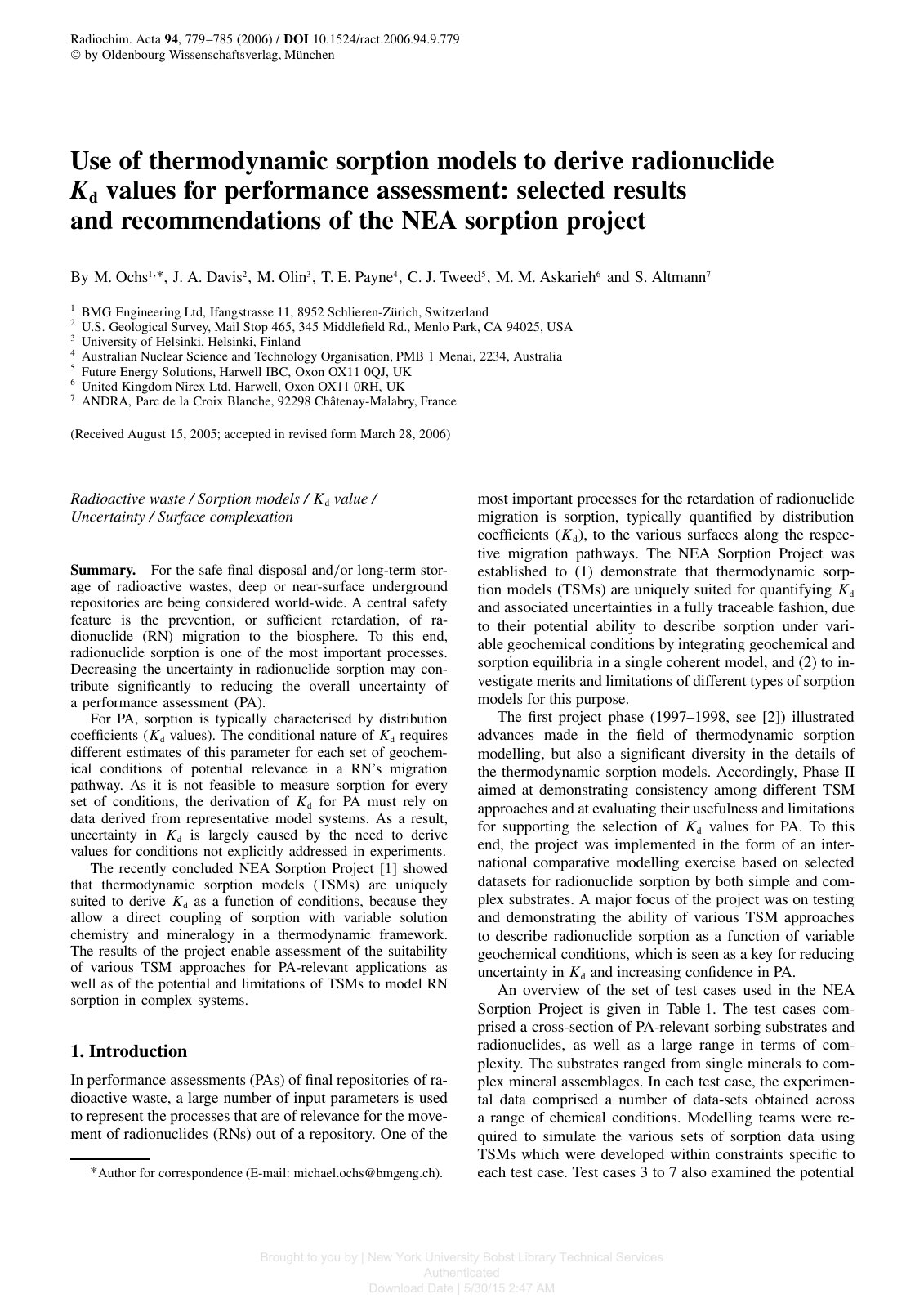 First page of Use of thermodynamic sorption models to derive radionuclide Kd values for performance assessment: selected results and recommendations of the NEA sorption project