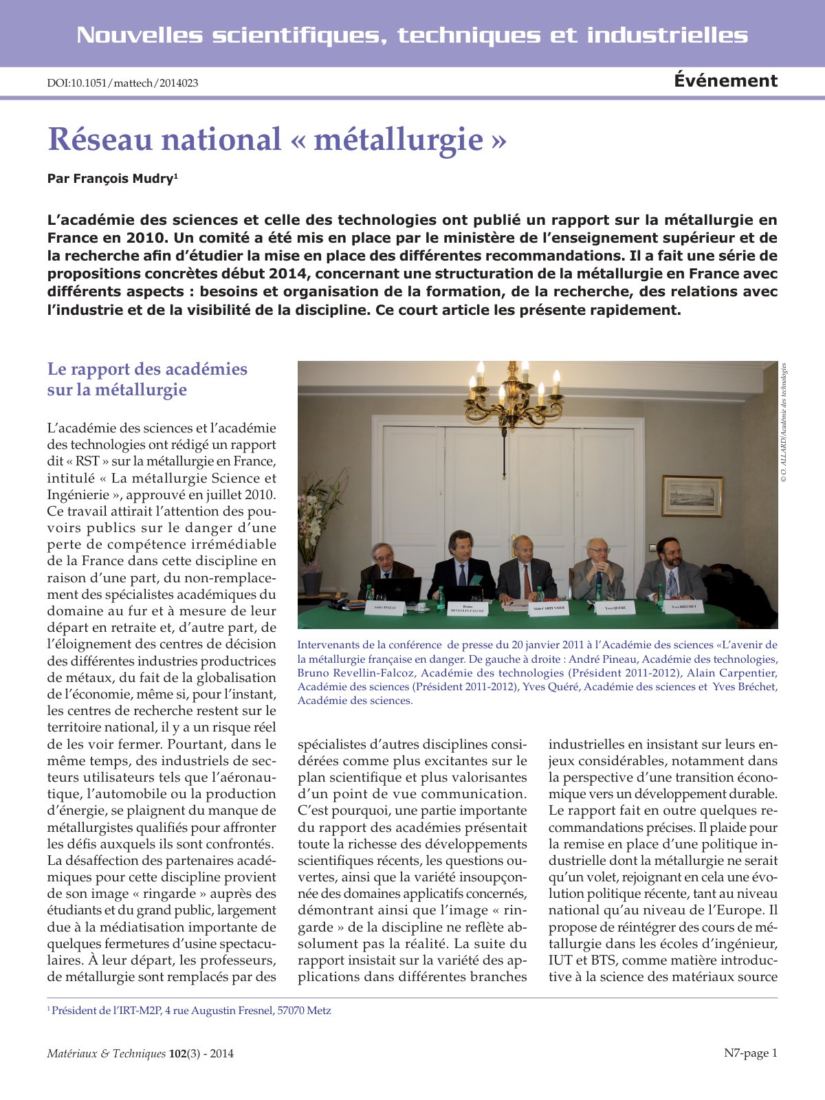First page of Le rapport des académies sur la métallurgie