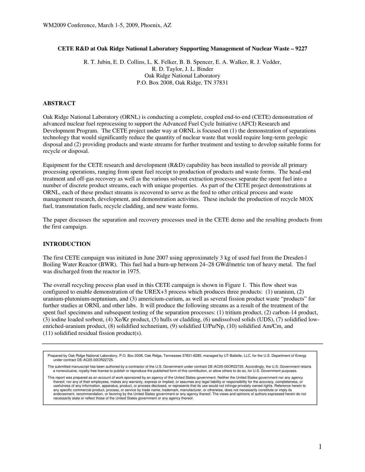 First page of CETE R&D at Oak Ridge National Laboratory Supporting Management of Nuclear Waste – 9227
