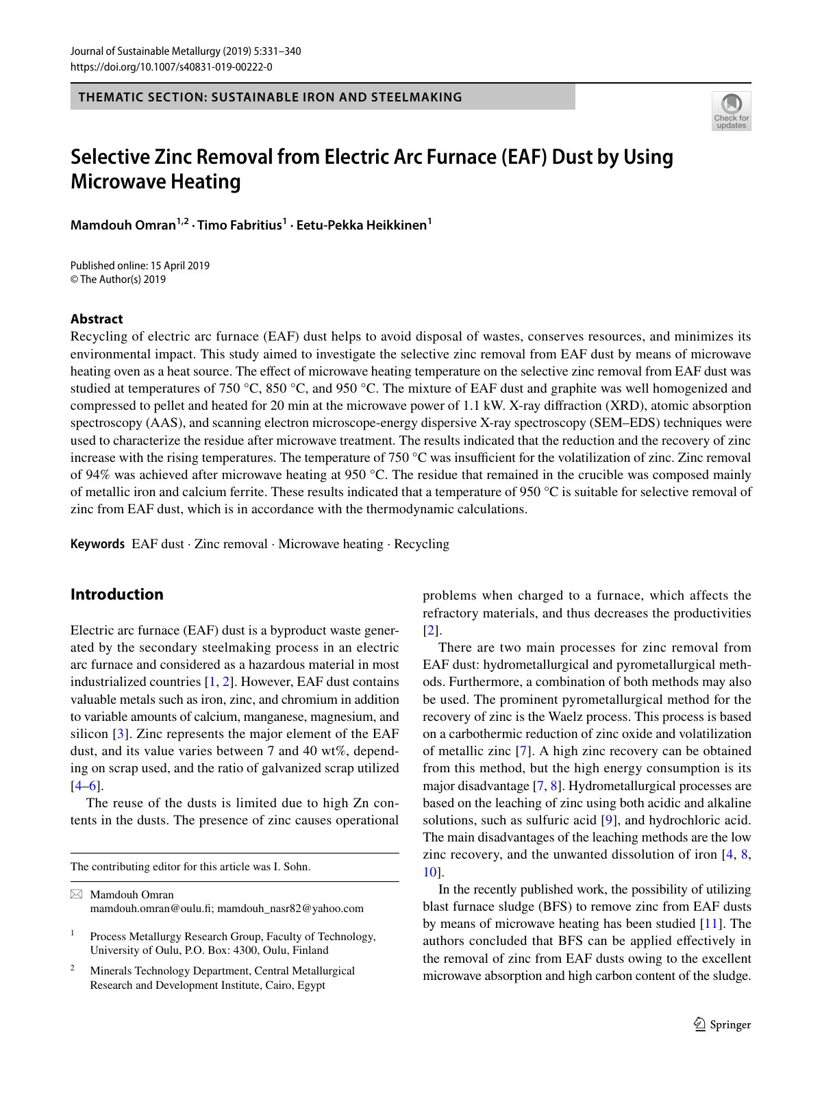 First page of Selective Zinc Removal from Electric Arc Furnace (EAF) Dust by Using Microwave Heating