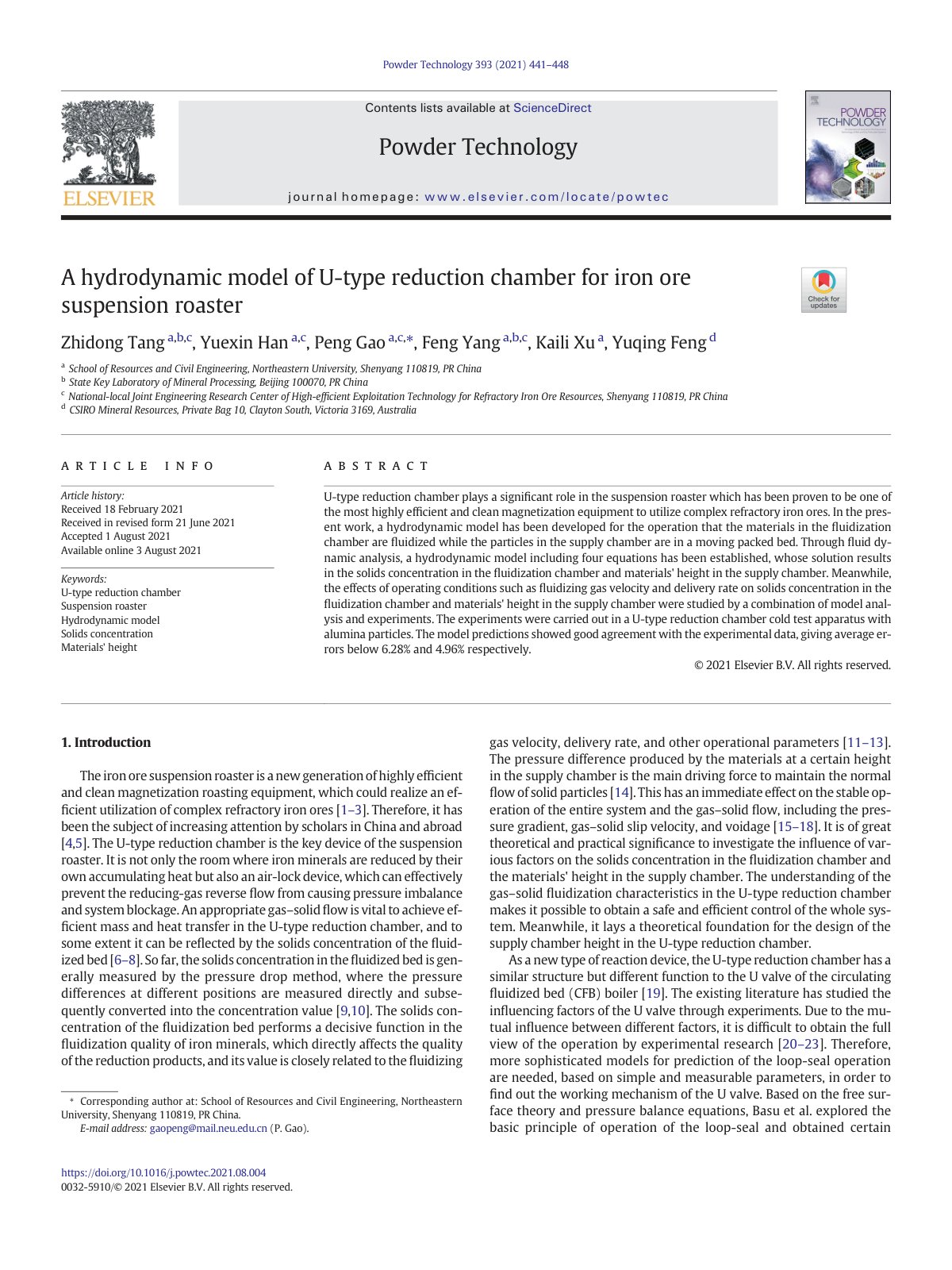 First page of A hydrodynamic model of U-type reduction chamber for iron ore suspension roaster