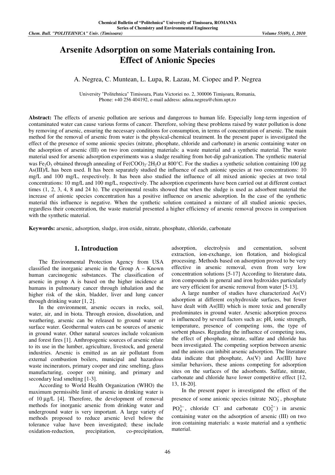 First page of Arsenite Adsorption on some Materials co