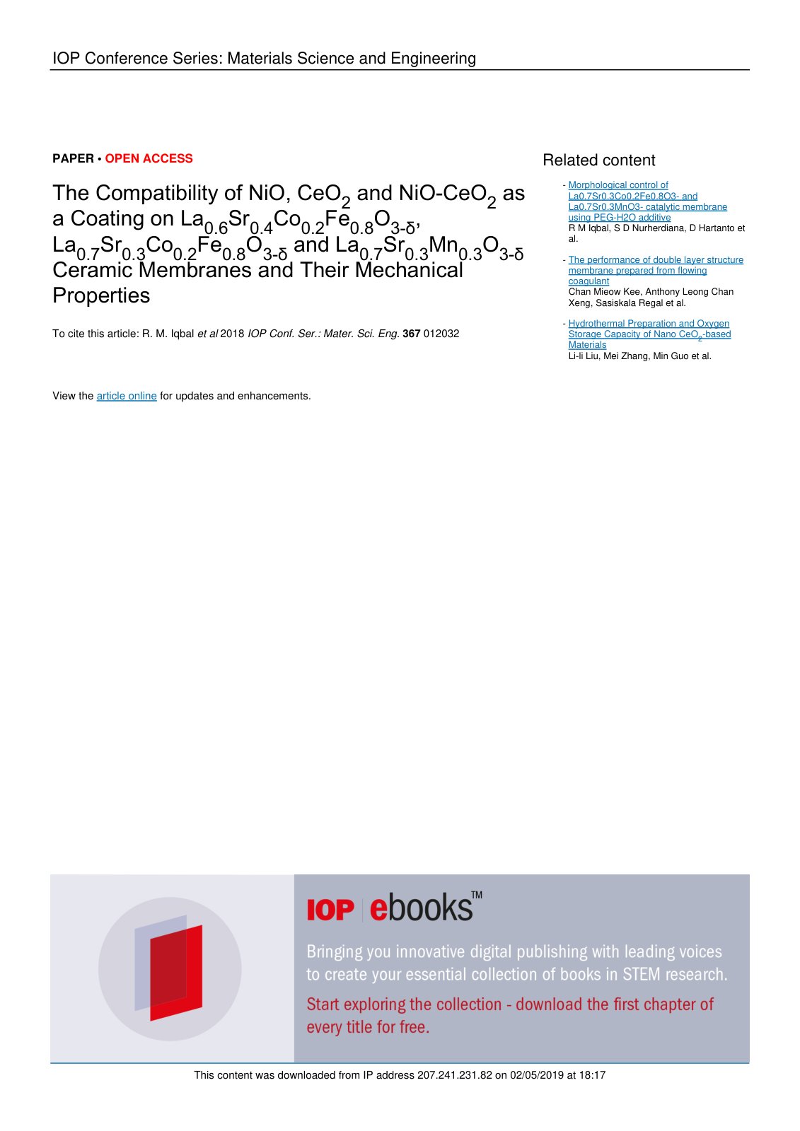 First page of The Compatibility of NiO, CeO2 and NiO-CeO2 as a Coating on La0.6Sr0.4Co0.2Fe0.8O3-δ, La0.7Sr0.3Co0.2Fe0.8O3-δ and La0.7Sr0.3Mn0.3O3-δ Ceramic Membranes and Their Mechanical Properties