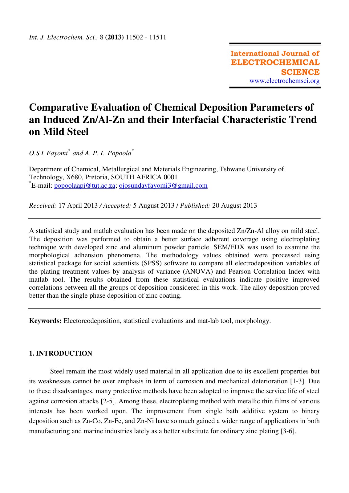 First page of Comparative Evaluation of Chemical Deposition Parameters of an Induced Zn/Al-Zn and their Interfacial Characteristic Trend on Mild Steel