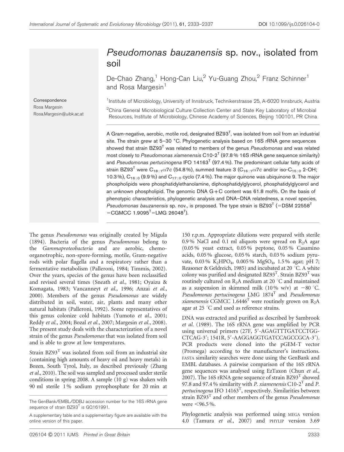 First page of Pseudomonas bauzanensis sp. nov., isolated from soil