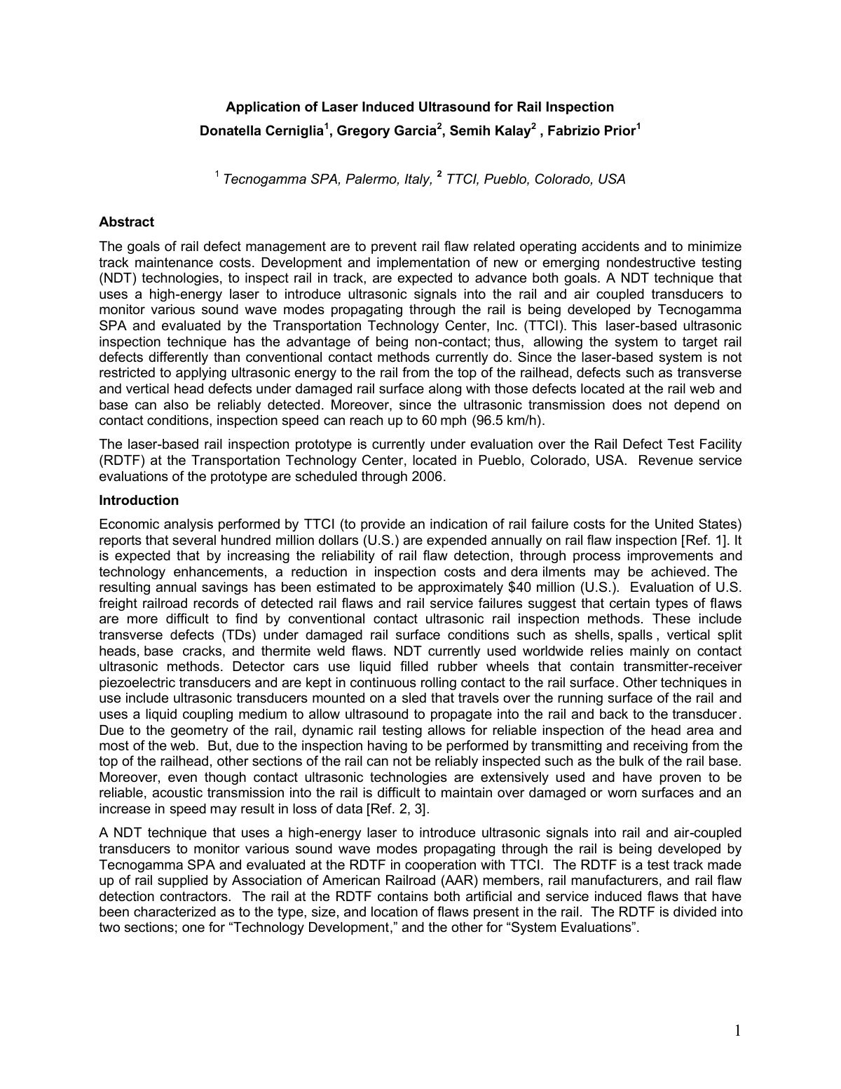 First page of Application of Laser Induced Ultrasound for Rail Inspection