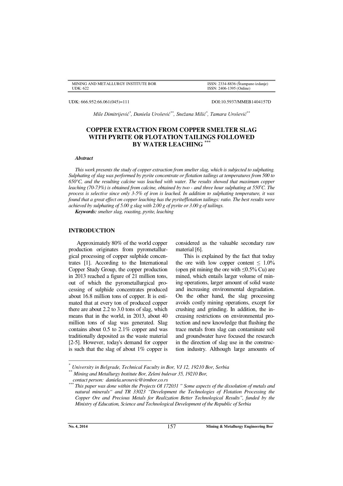 First page of Copper extraction from copper smelter slag with pyrite or flotation tailings followed by water leaching