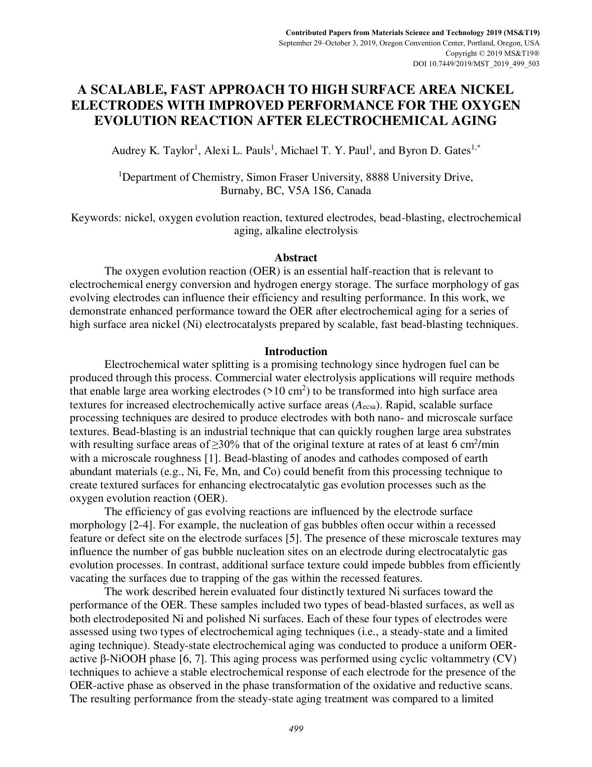 First page of A SCALABLE, FAST APPROACH TO HIGH SURFACE AREA NICKEL ELECTRODES WITH IMPROVED PERFORMANCE FOR THE OXYGEN EVOLUTION REACTION AFTER ELECTROCHEMICAL AGING