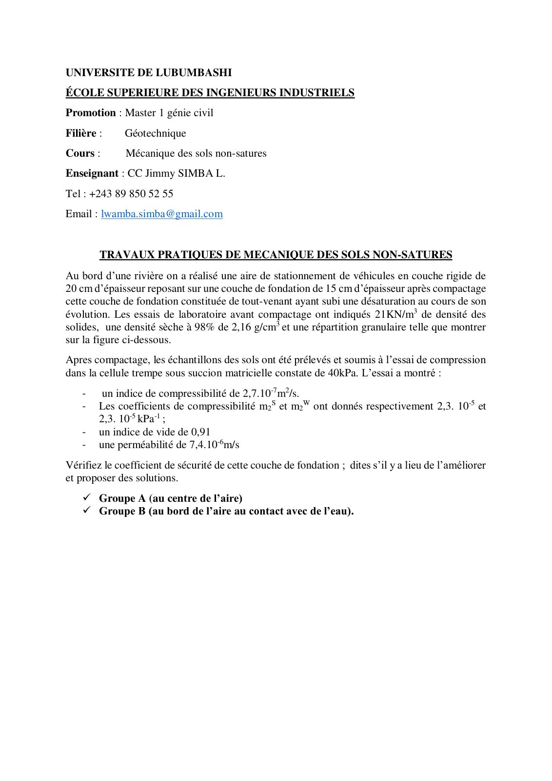 First page of TP. de mécanique des sols non saturés