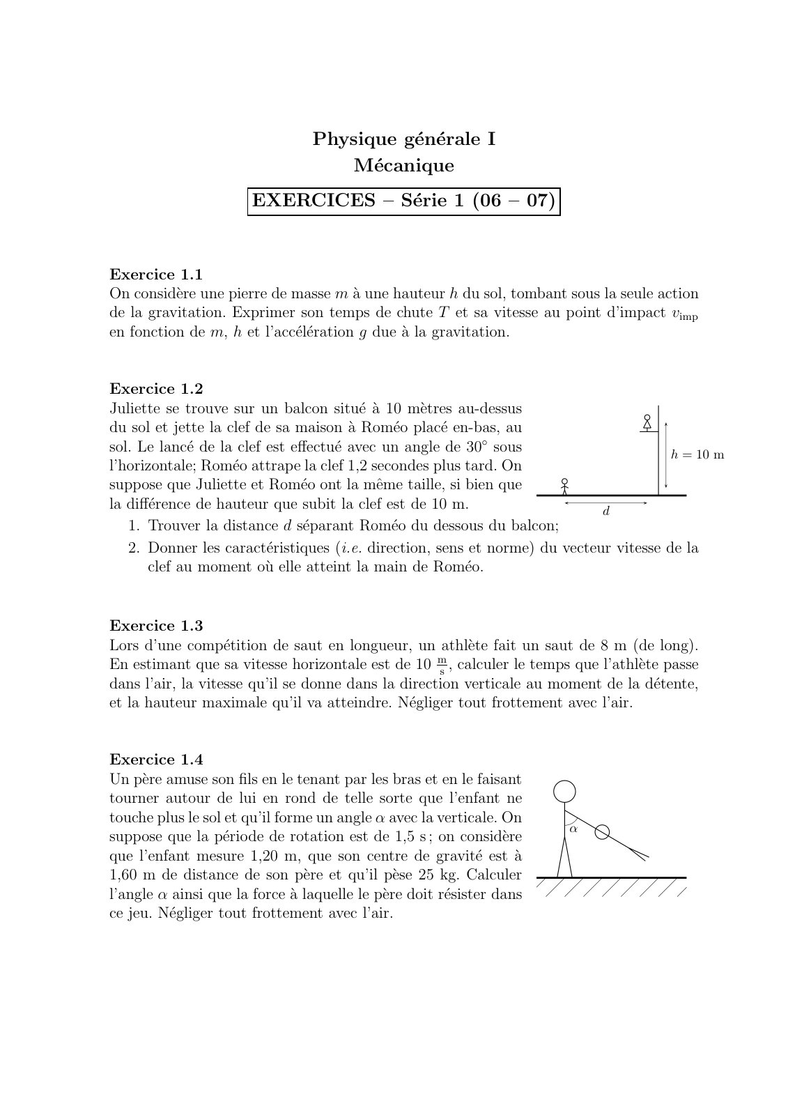 First page of Physique générale I Mécanique EXERCICES – Série 1 (06 – 07)
