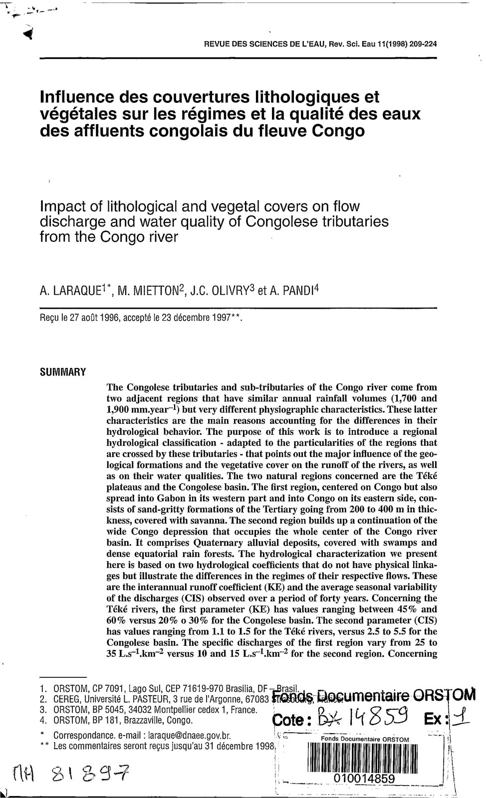 First page of Influence des couvertures lithologiques