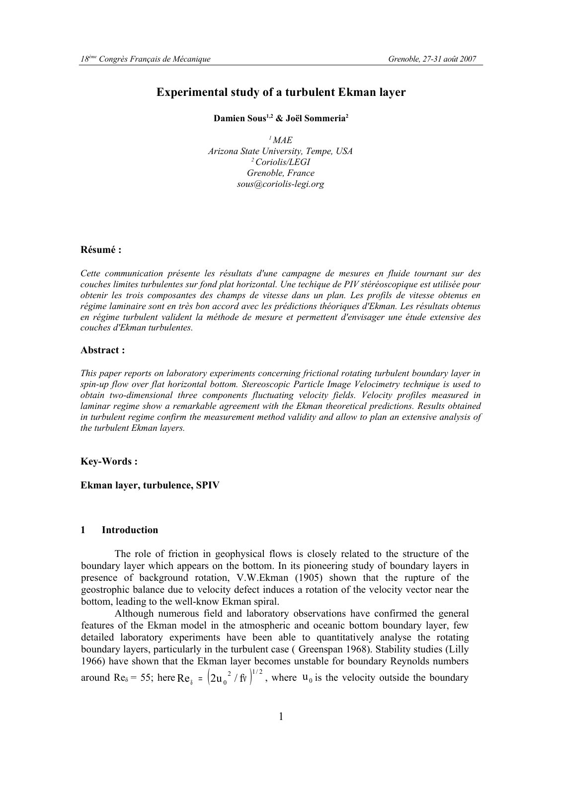 First page of Experimental study of a turbulent Ekman layer