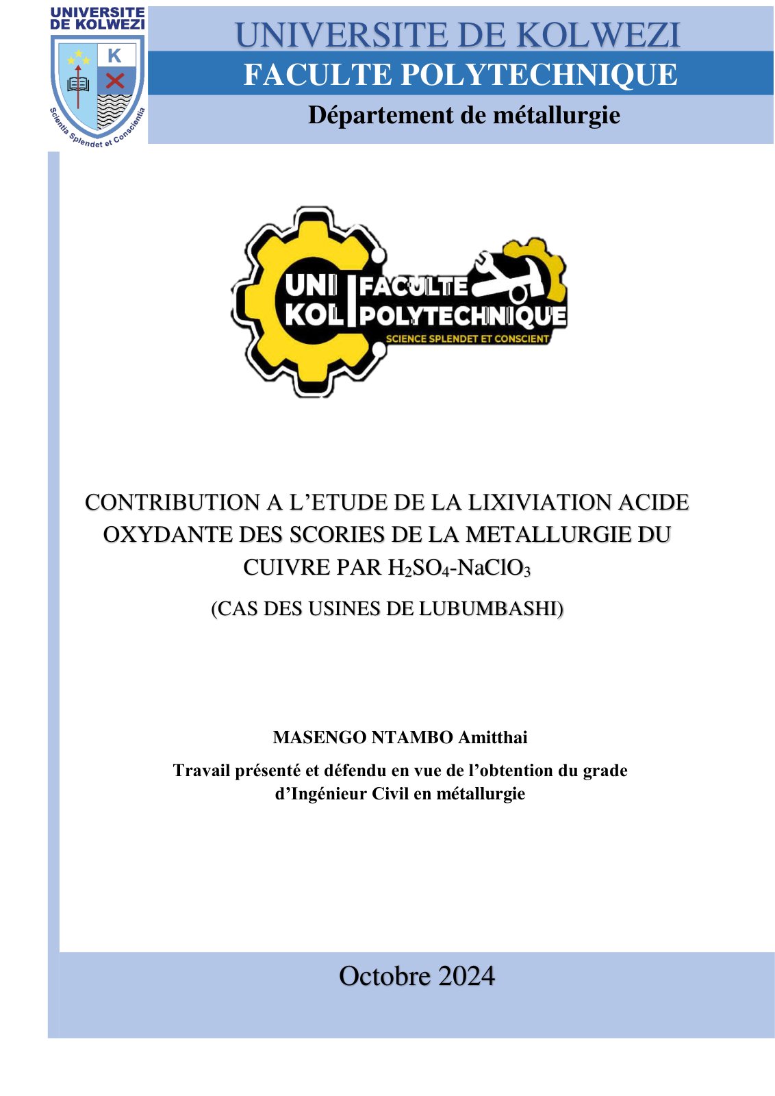 First page of CONTRIBUTION A L’ETUDE DE LA LIXIVIATION ACIDE OXYDANTE DES SCORIES DE LA METALLURGIE DU CUIVRE PAR H2SO4-NaClO3 (CAS DES USINES DE LUBUMBASHI)