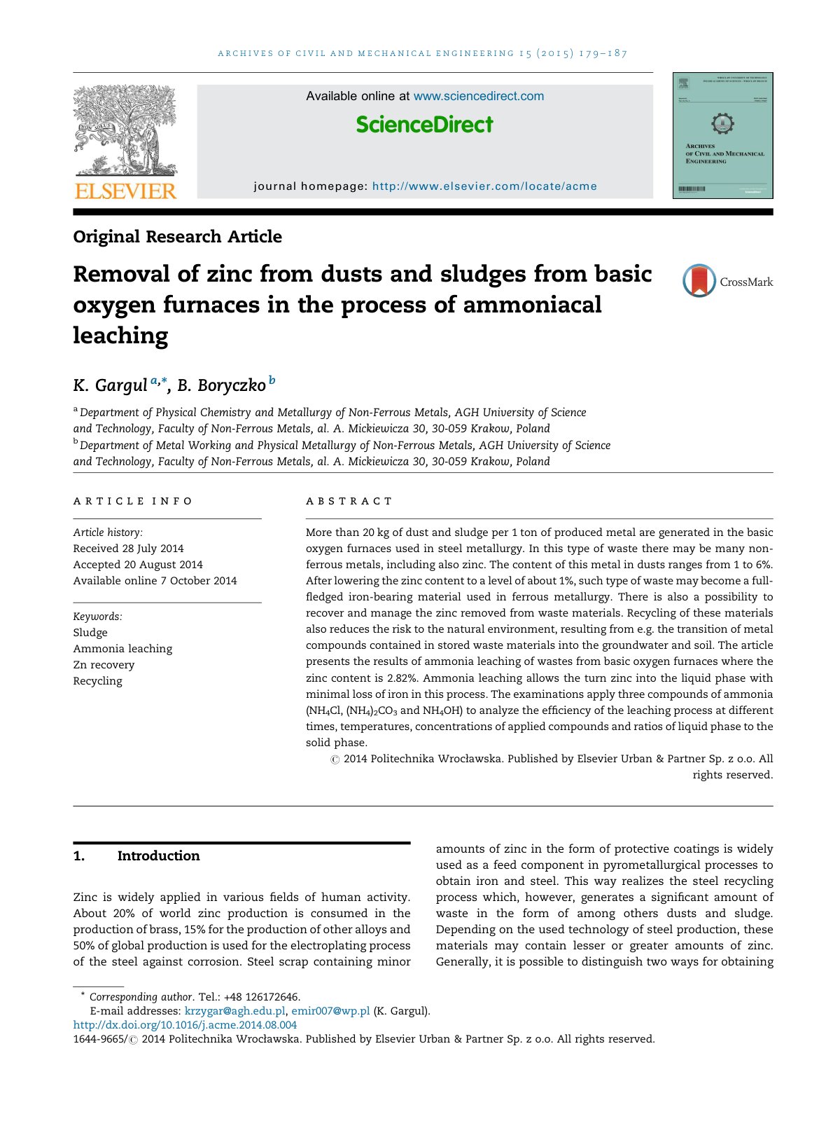First page of Removal of zinc from dusts and sludges from basic oxygen furnaces in the process of ammoniacal leaching