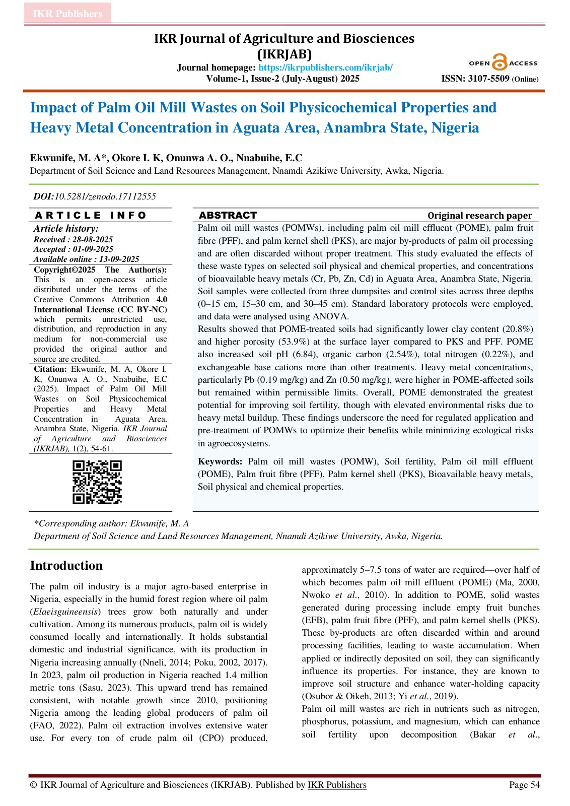 First page of Impact of Palm Oil Mill Wastes on Soil P
