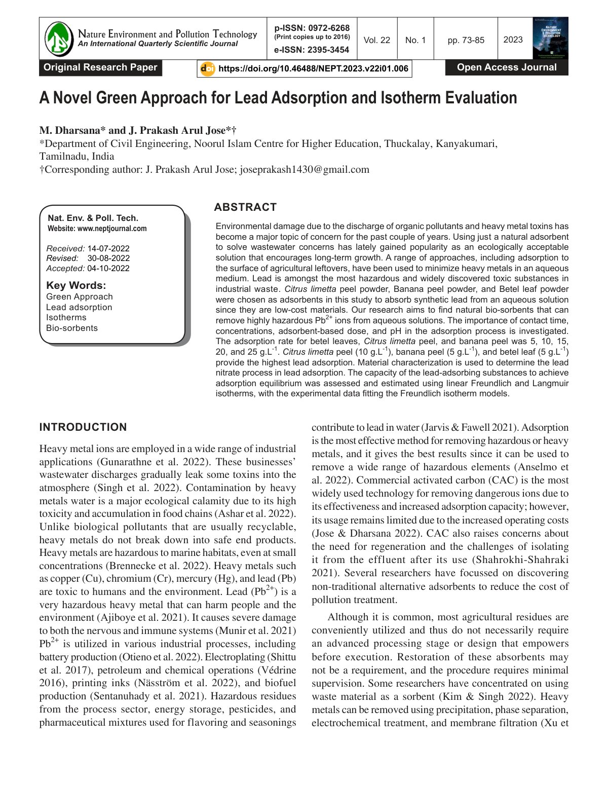 First page of A Novel Green Approach for Lead Adsorpti