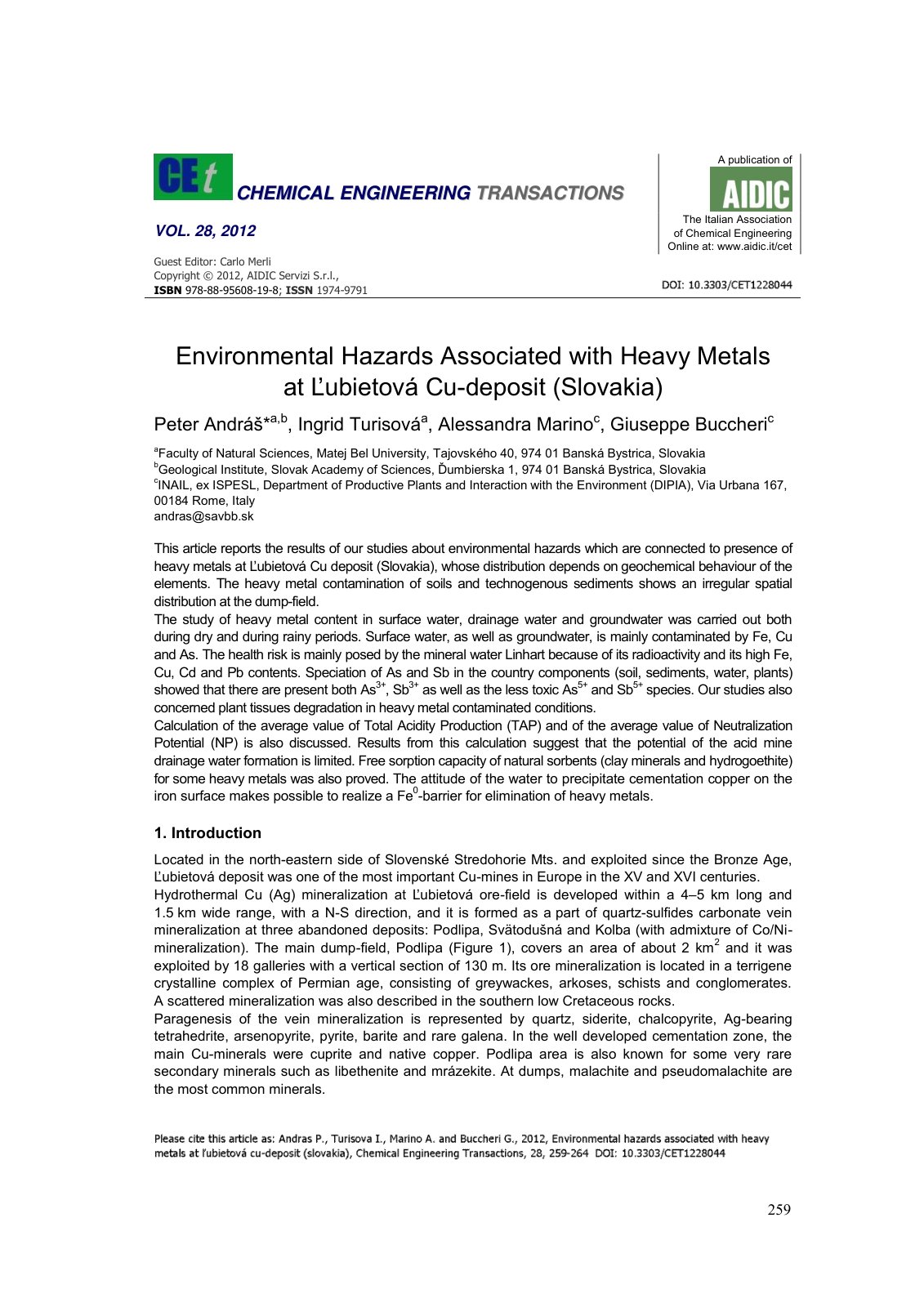 First page of Environmental Hazards Associated with Heavy Metals at Ľubietová Cu-deposit (Slovakia)