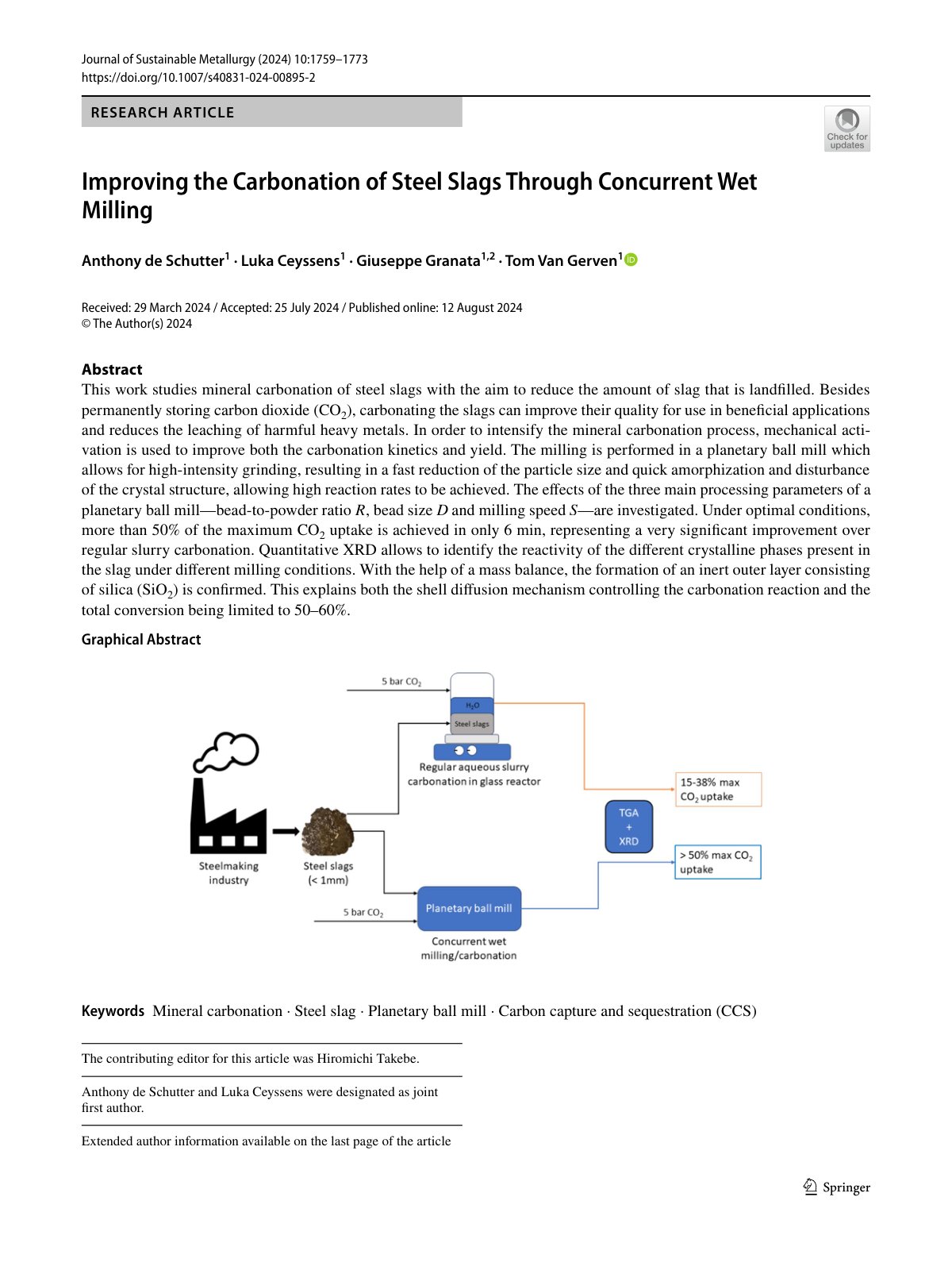 First page of Improving the Carbonation of Steel Slags Through Concurrent Wet Milling