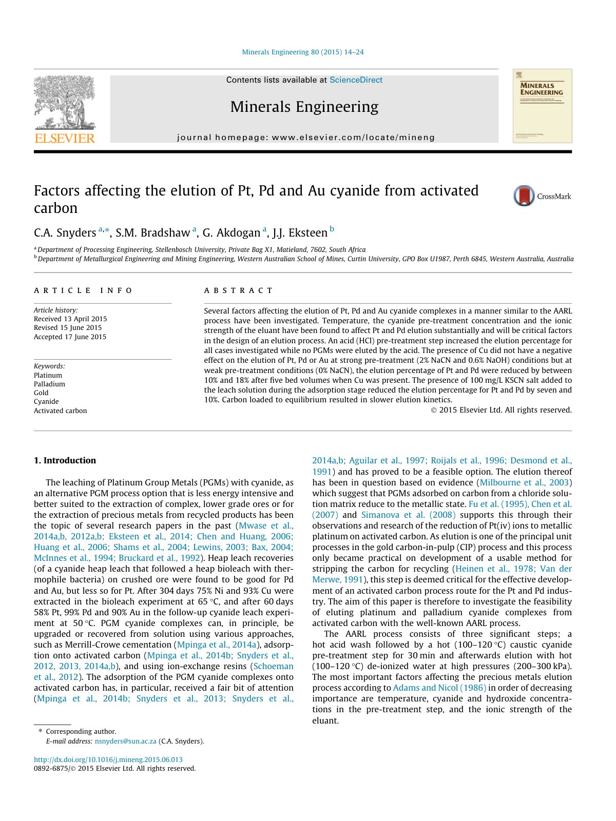 First page of Factors affecting the elution of Pt, Pd and Au cyanide from activated carbon