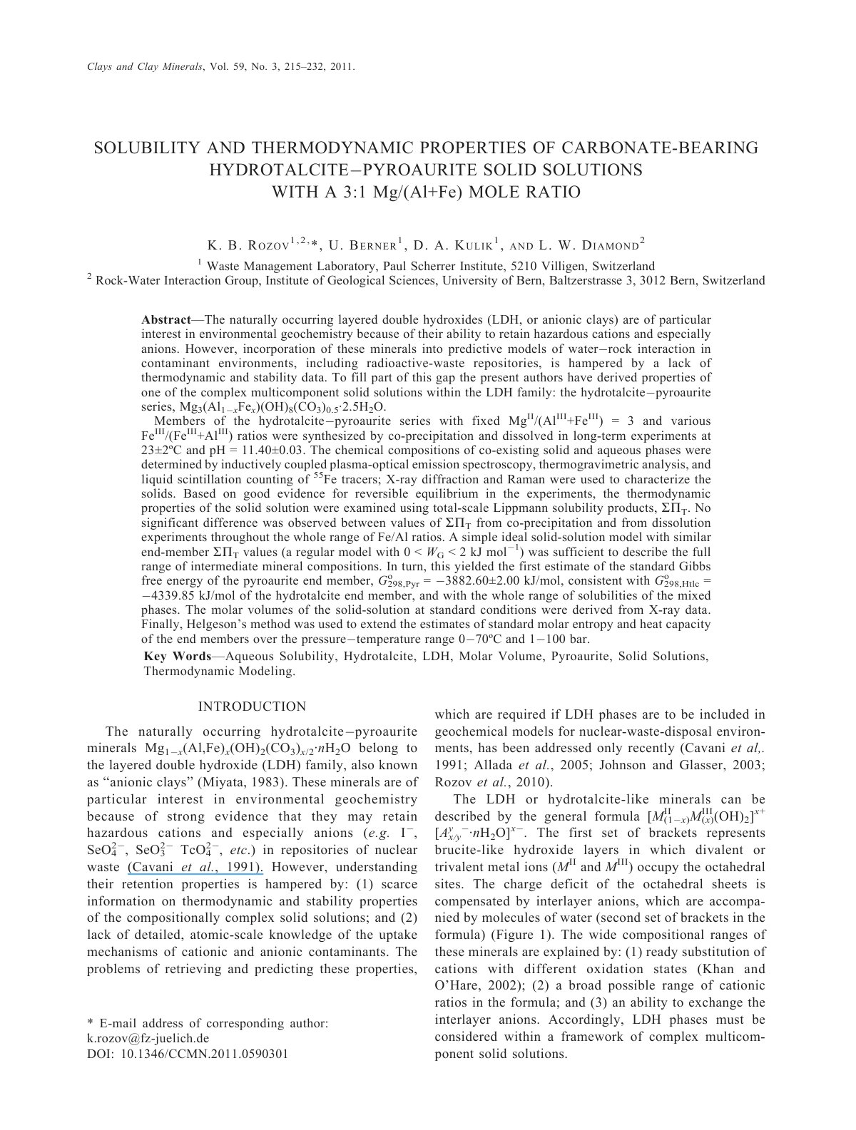 First page of Solubility and thermodynamic properties of carbonate-bearing hydrotalcite/copyroaurite solid solutions with a 3:1 Mg/(Al+Fe) mole ratio