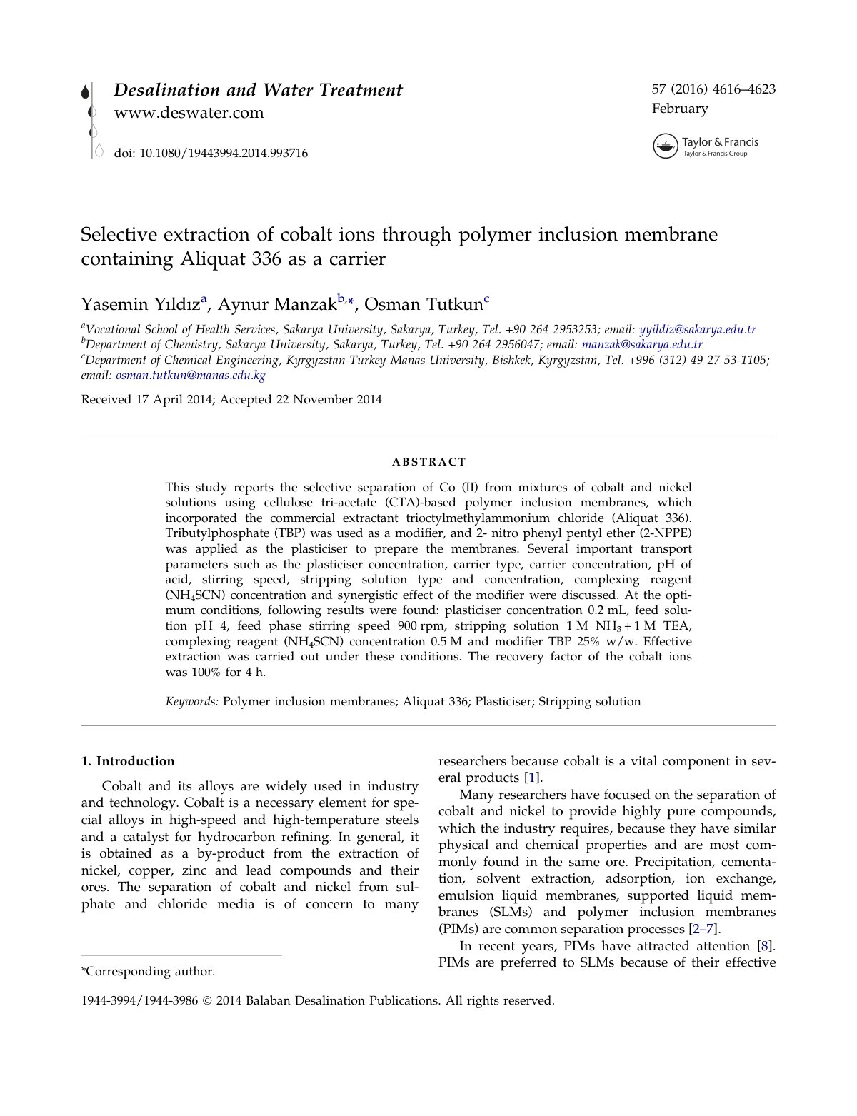 First page of Selective extraction of cobalt ions through polymer in 2016 Desalination and