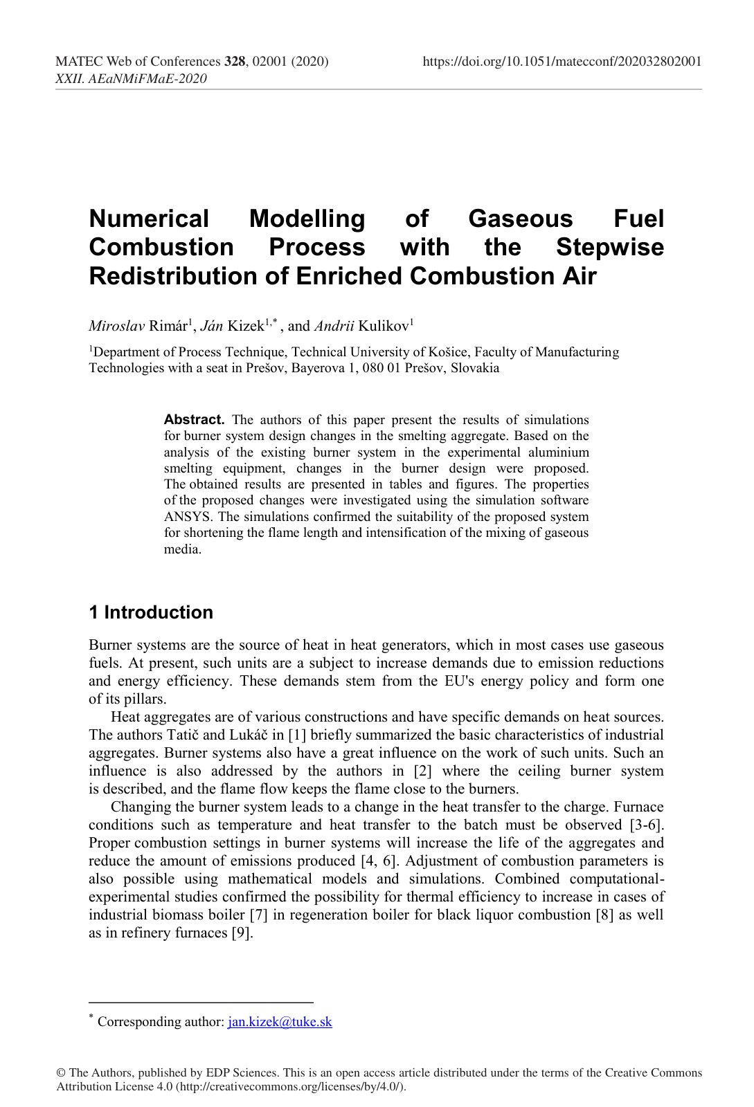 First page of Numerical Modelling of Gaseous Fuel Combustion Process with the Stepwise Redistribution of Enriched Combustion Air