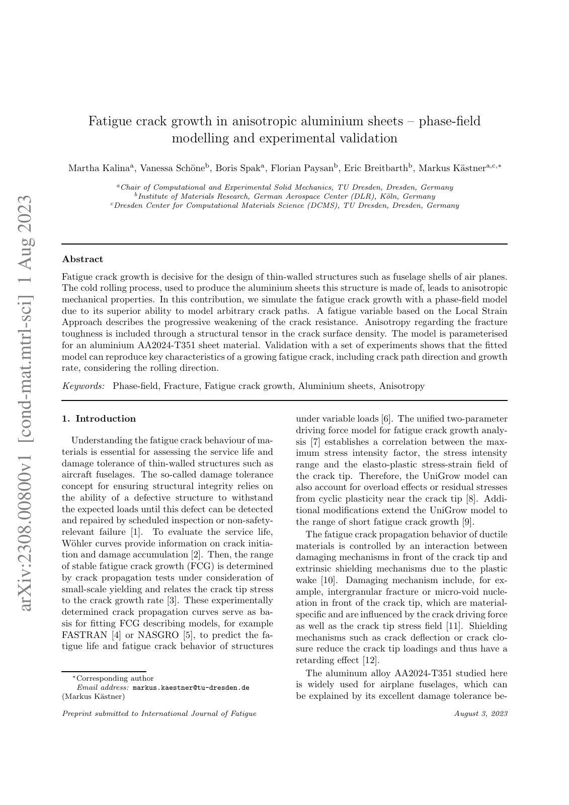 First page of Fatigue crack growth in anisotropic aluminium sheets – phase-field modelling and experimental validation