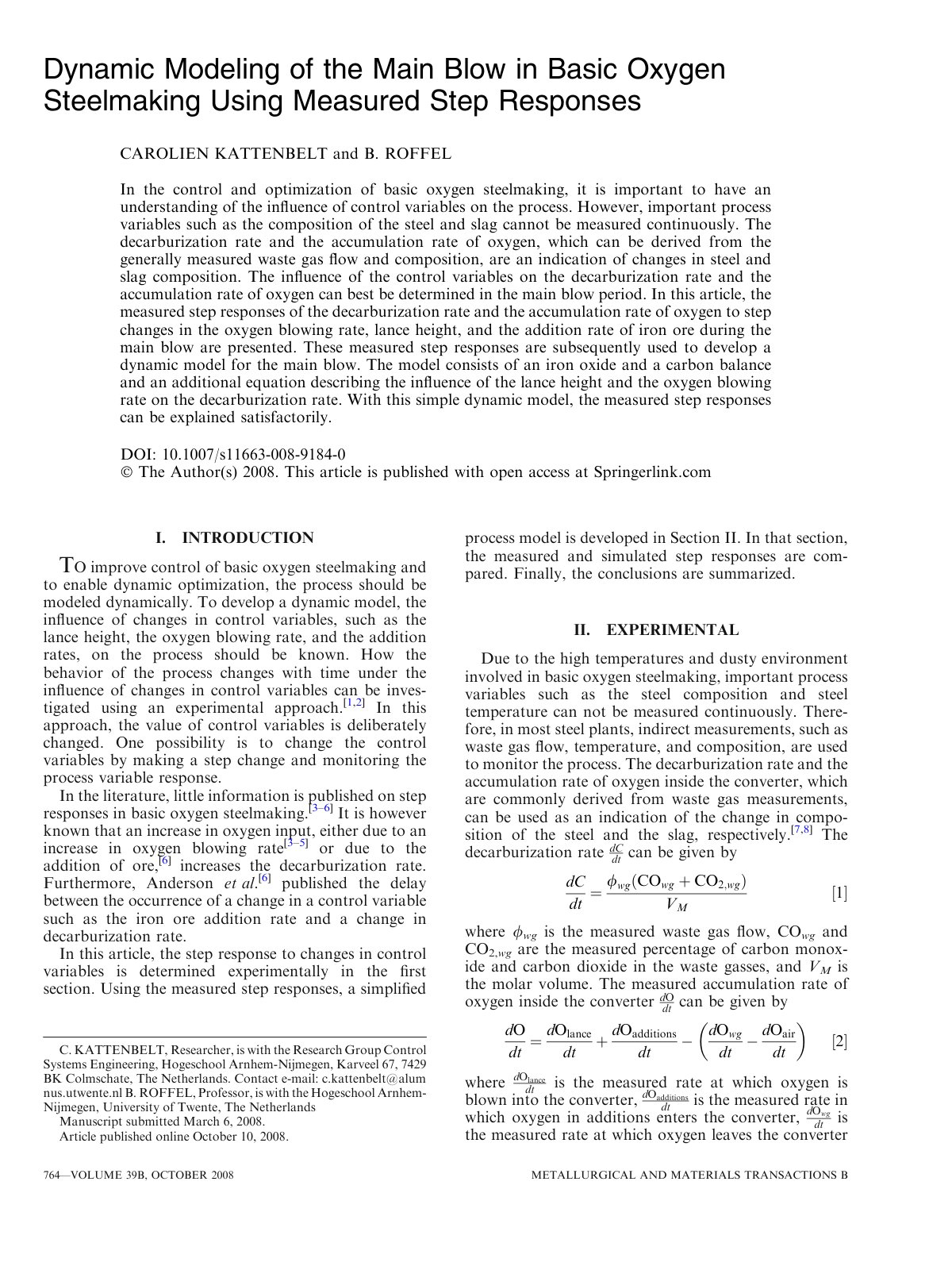 First page of Dynamic Modeling of the Main Blow in Basic Oxygen Steelmaking Using Measured Step Responses