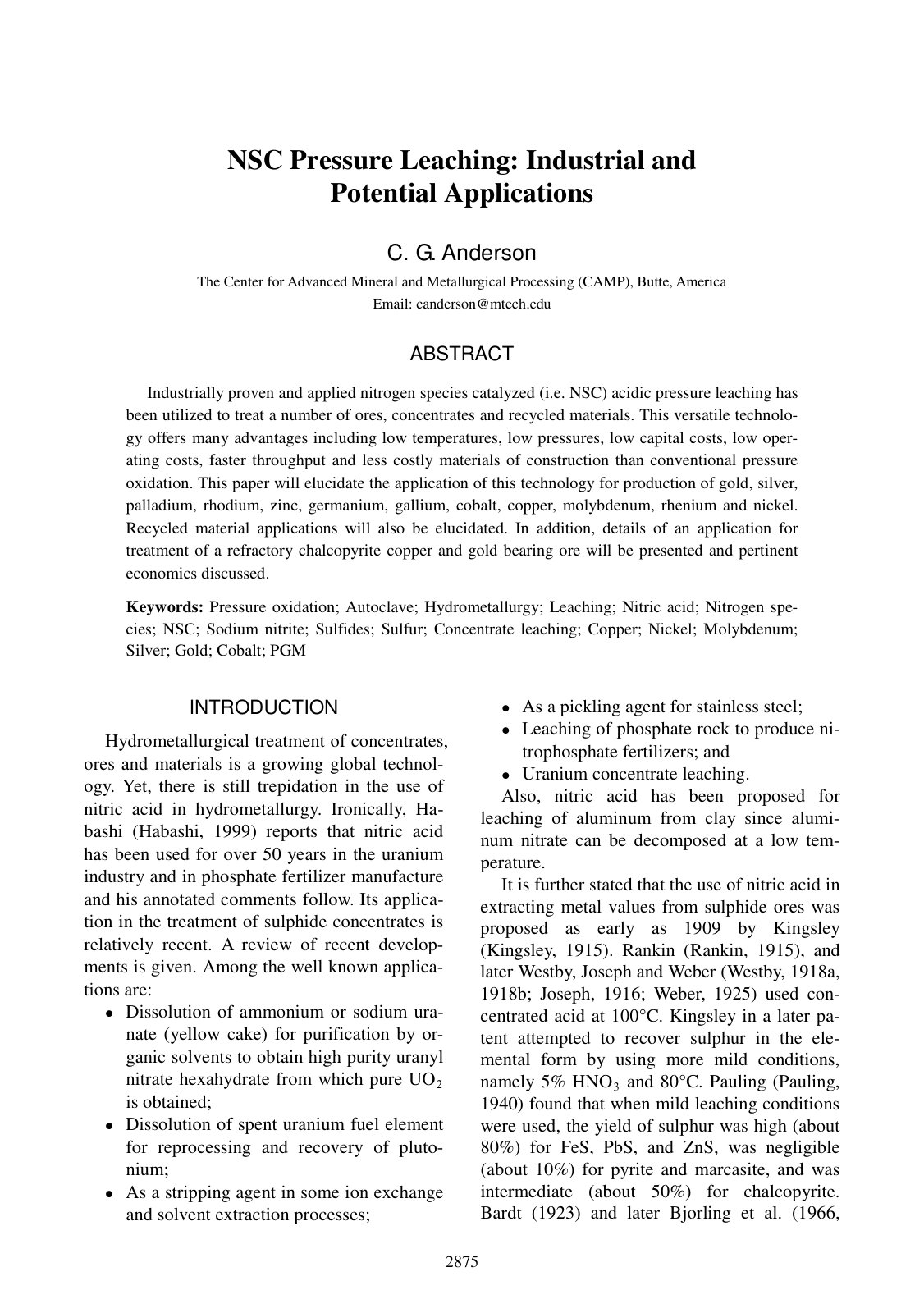 First page of NSC Pressure Leaching: Industrial and Potential Applications