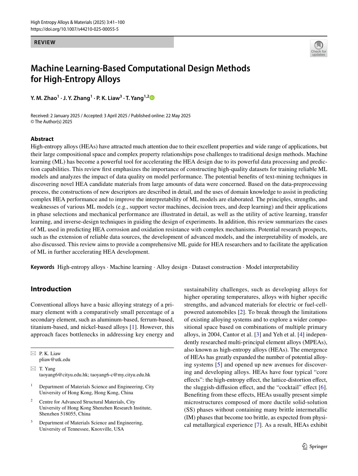First page of 2025 Zhao Machine Learning High Entropy Alloy Design