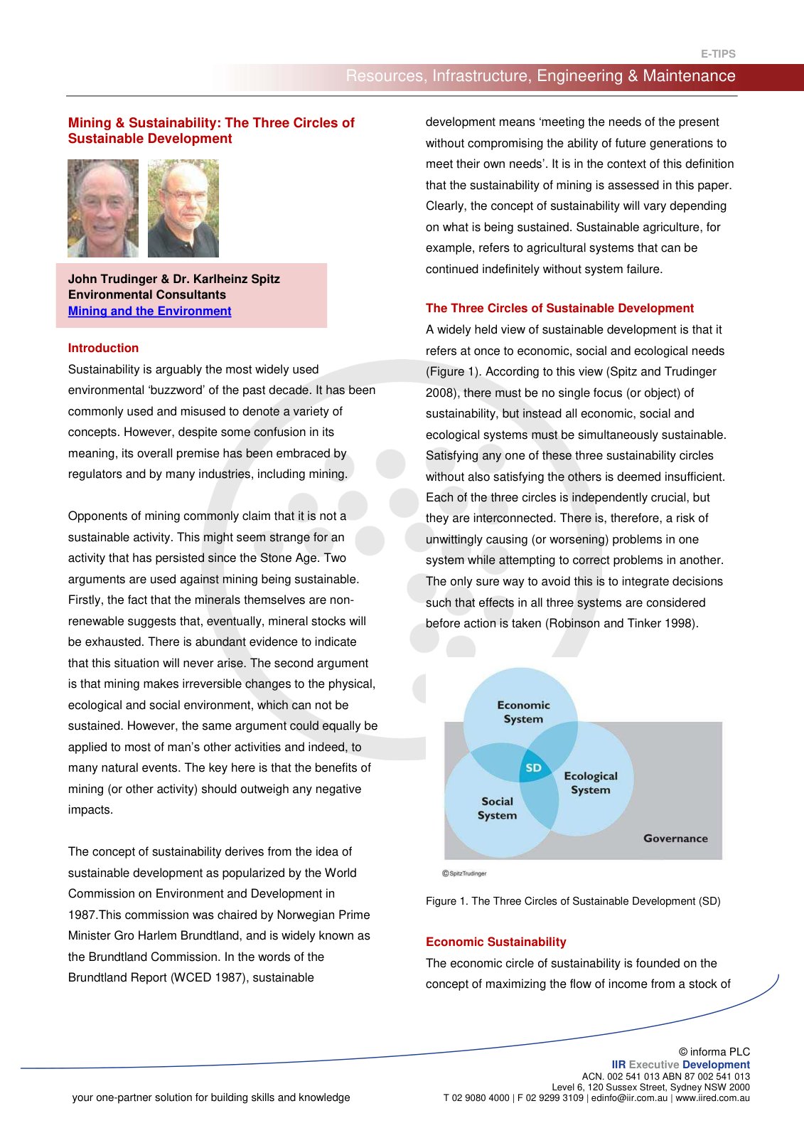 First page of Mining & Sustainability: The Three Circles of Sustainable Development
