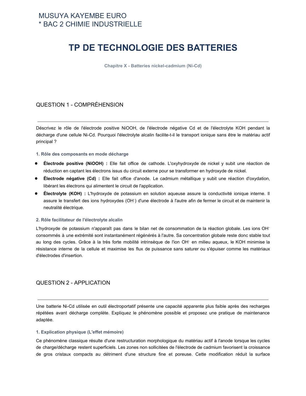 First page of MUSUYA KAYEMBE EURO  TP DE Technologie Batteries NiCd. BAC 2 Chimie industrielle