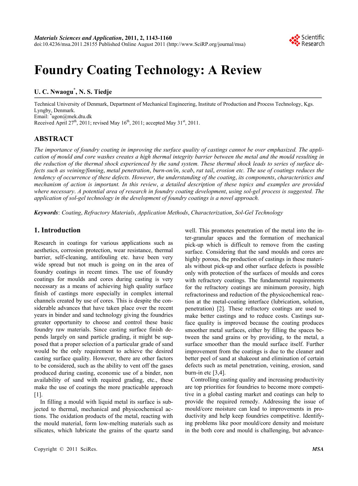 First page of 2011 Ugochukwu Chibuzoh Nwaogu Foundry Coating Technology A Review msa.2011.28155